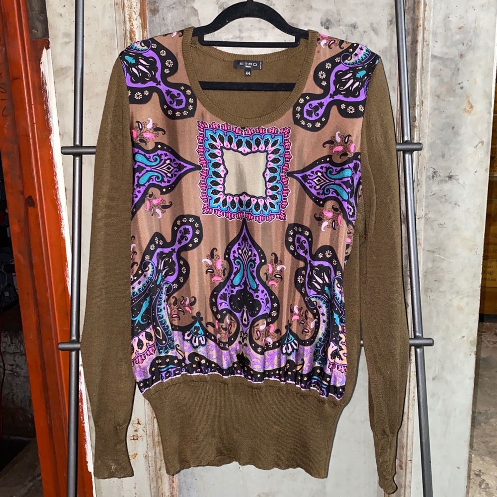 Etro Silk & Wool Paisley Brown Sweater